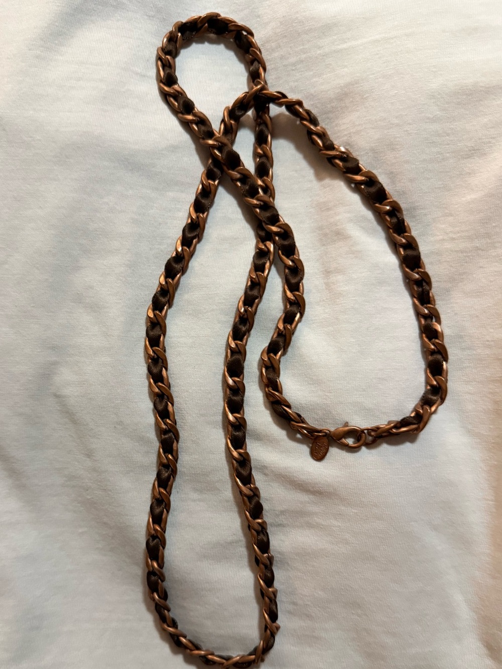 Cookie Lee Signed Bronze Tone Curb Link Chain Necklace Brown Fabric Inlay